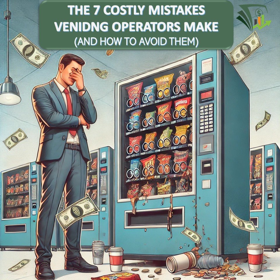 Illustration of a frustrated vending operator standing beside a malfunctioning vending machine with spilled snacks and flying cash, promoting ‘The 7 Costly Mistakes Vending Operators Make’ guide