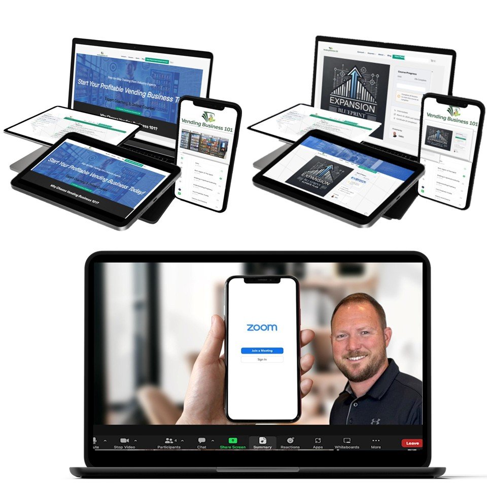 Responsive display of Vending Business 101 online bundle course shown on laptop, tablet, and smartphone screens