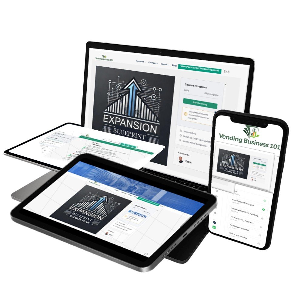 Responsive display of Vending Business 101 online advanced course shown on laptop, tablet, and smartphone screens