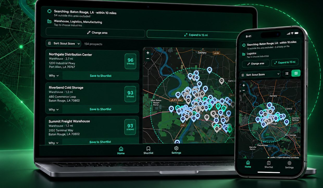 Location Scout running on a laptop and an iPhone, showing scored prospects and a map