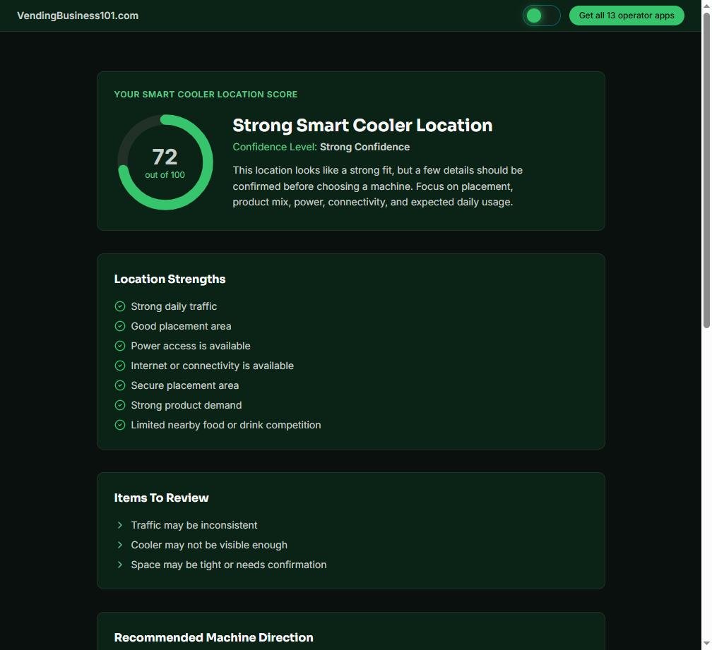 Free Location Score app showing a sample result of 72 out of 100