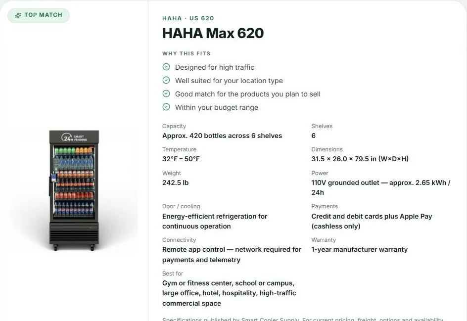 Machine Matchmaker showing a sample top match, the HAHA Max 620, with why it fits and its specs