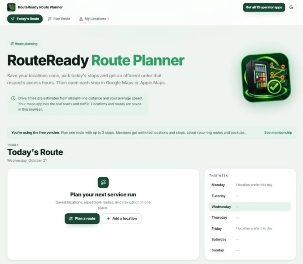 Free RouteReady route planner showing today's route and the week view