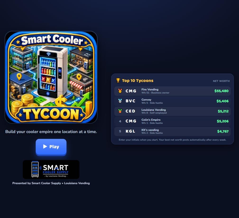 Smart Cooler Tycoon free game start screen and Top 10 leaderboard