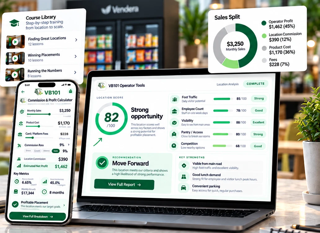 VB101 operator tools on a laptop and phone: a location score, a commission and profit calculator, a sales split chart and the course library, with a stocked smart cooler behind