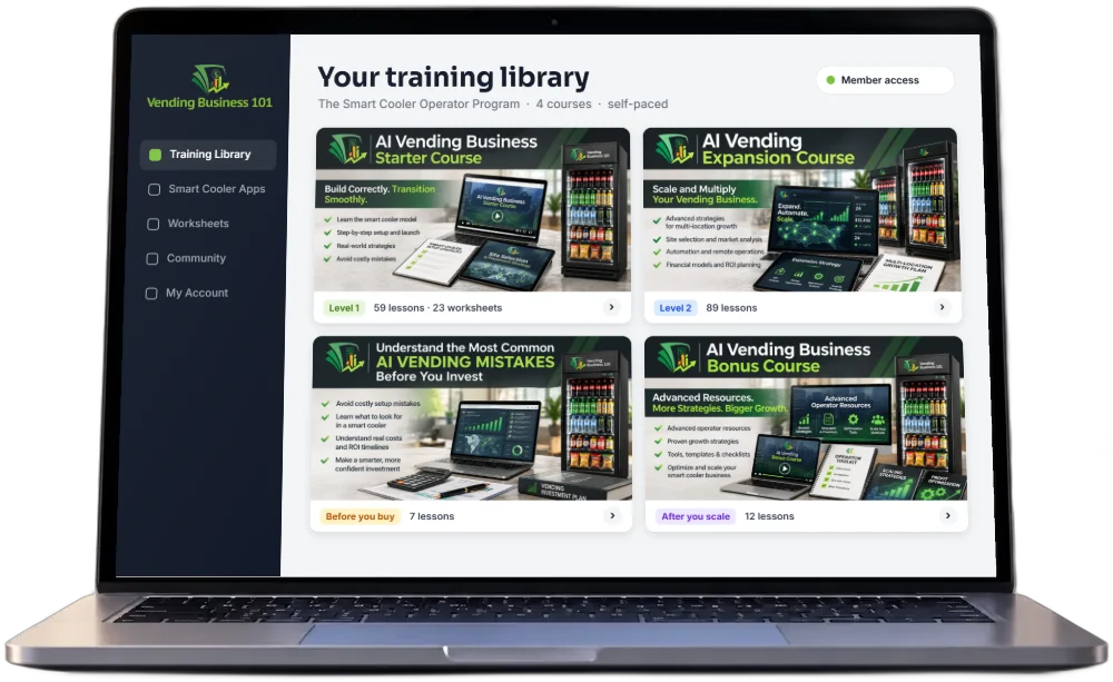 Vending Business 101 training library on a laptop showing the Starter, Expansion, Mistakes and Bonus courses