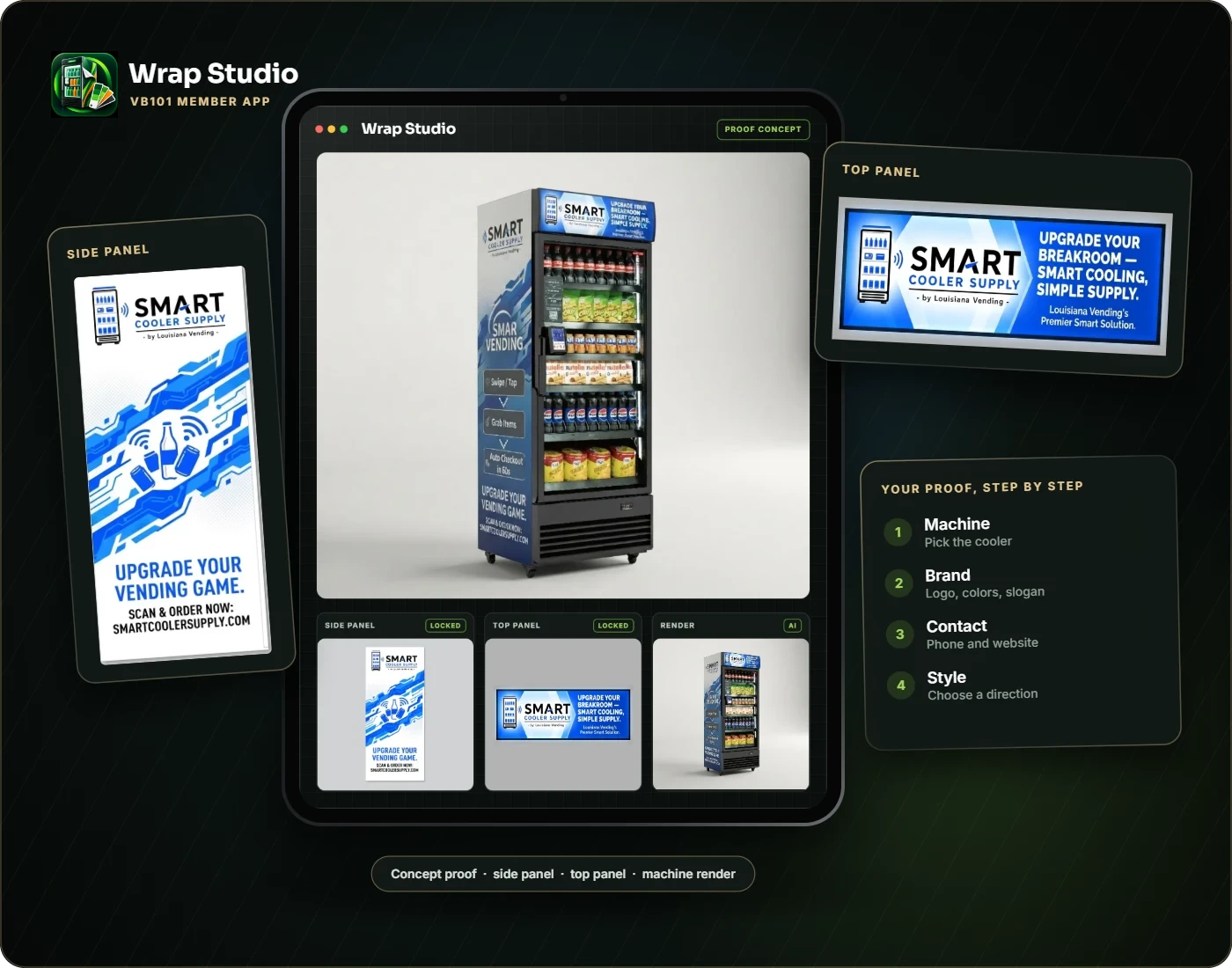 Wrap Studio member app on a tablet, with a Smart Cooler Supply wrap proof concept, the side panel and top panel art, and the four setup steps