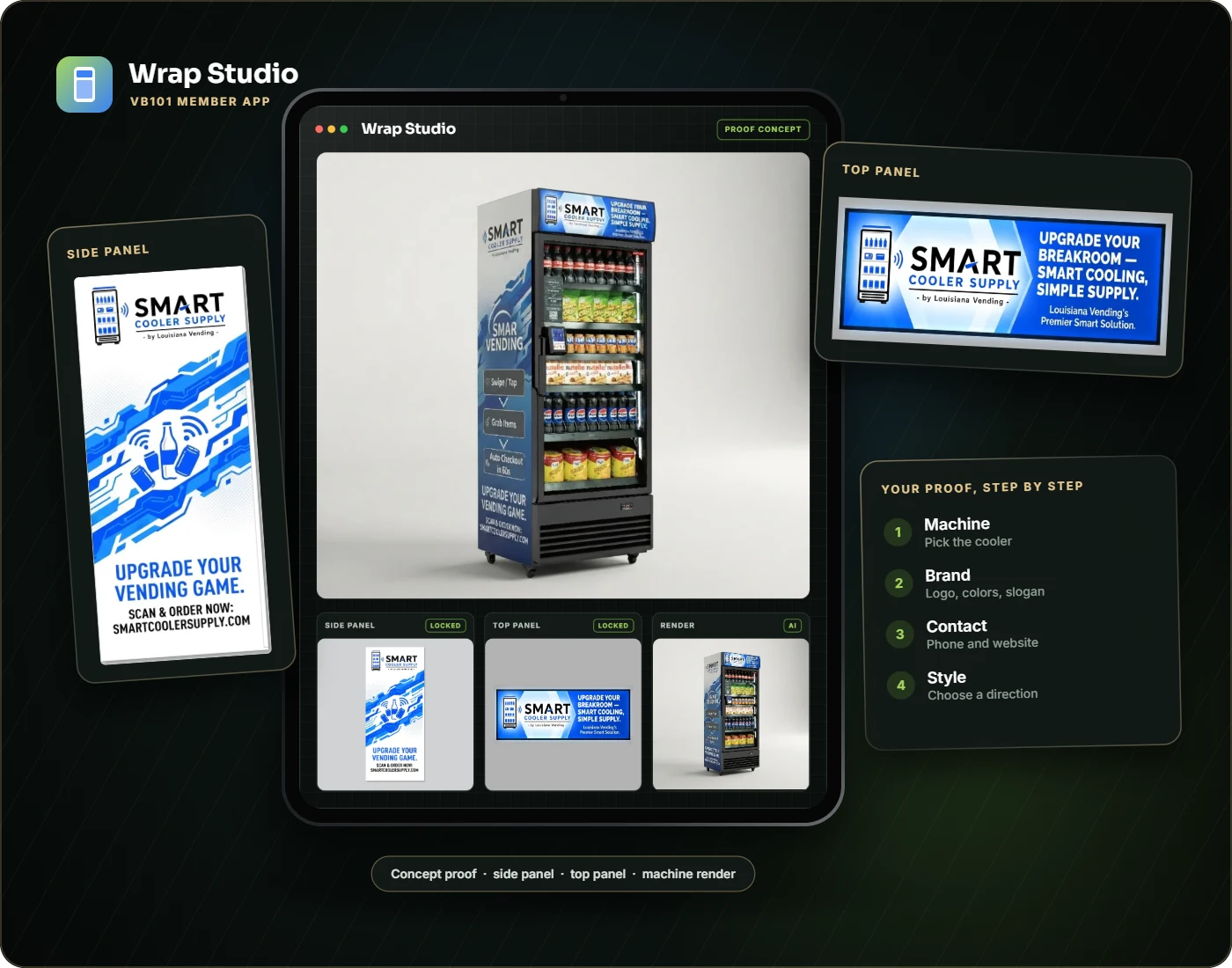 Wrap Studio member app on a tablet, with a Smart Cooler Supply wrap proof concept, the side panel and top panel art, and the four setup steps